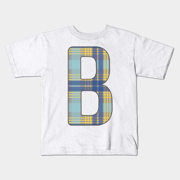 Monogram Letter B, Blue, Yellow and Grey Scottish Tartan Style Typography Design Kids T-Shirt by MacPean